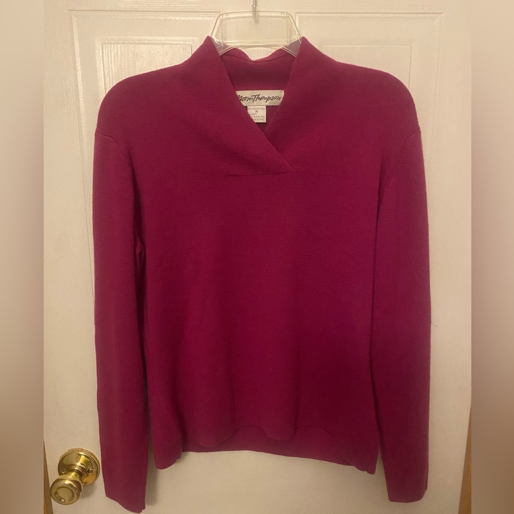 Norm Thompson Raspberry Merino Wool Shawl Collar V Neck Sweater
